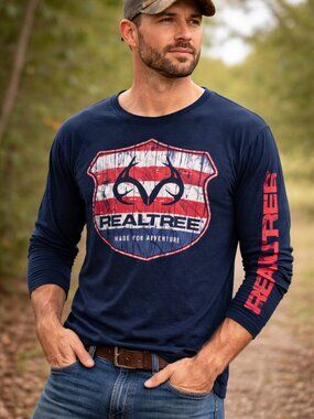Realtree Long Sleeve Shirt Men’s Navy | Patriotic American Flag Graphic
